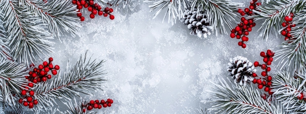 Poster framed by branches with frost-covered berries and snow-covered board.