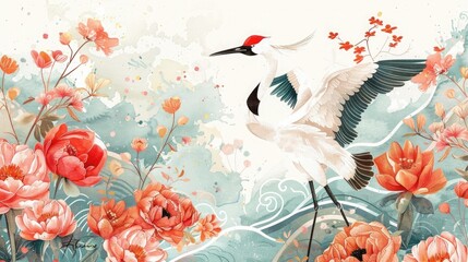 Modern cranes with peony floral pattern in Japanese style background Watercolor texture with Oriental natural wave pattern. AI generated illustration
