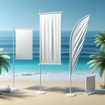 Realistic beach flags, white banner stand isolated 3d vector mockup. Rectangular, feather and tear-drop shaped blank canvas for showcasing branding identity and messages in outdoor seaside setting