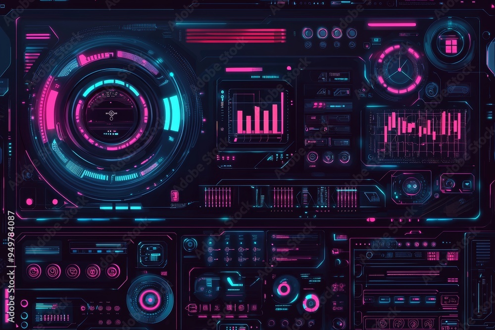 Poster an abstract technology hud interface hologram elements neon lights, circle percent vitality innovati