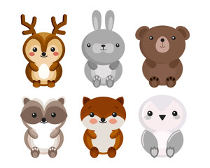 Fototapeta premium Set of cute animal characters, bear, hare, deer, penguin, badger. Illustration, children's print, postcard, vector