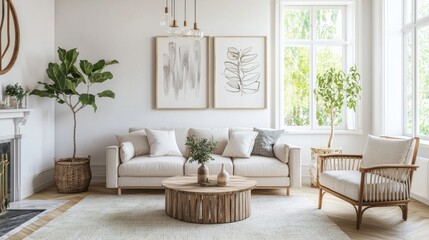 Obraz premium Stylish Scandinavian interior design featuring a comfortable sofa, vintage mid-century furniture, cozy carpet, wooden floors, white walls, and plants.