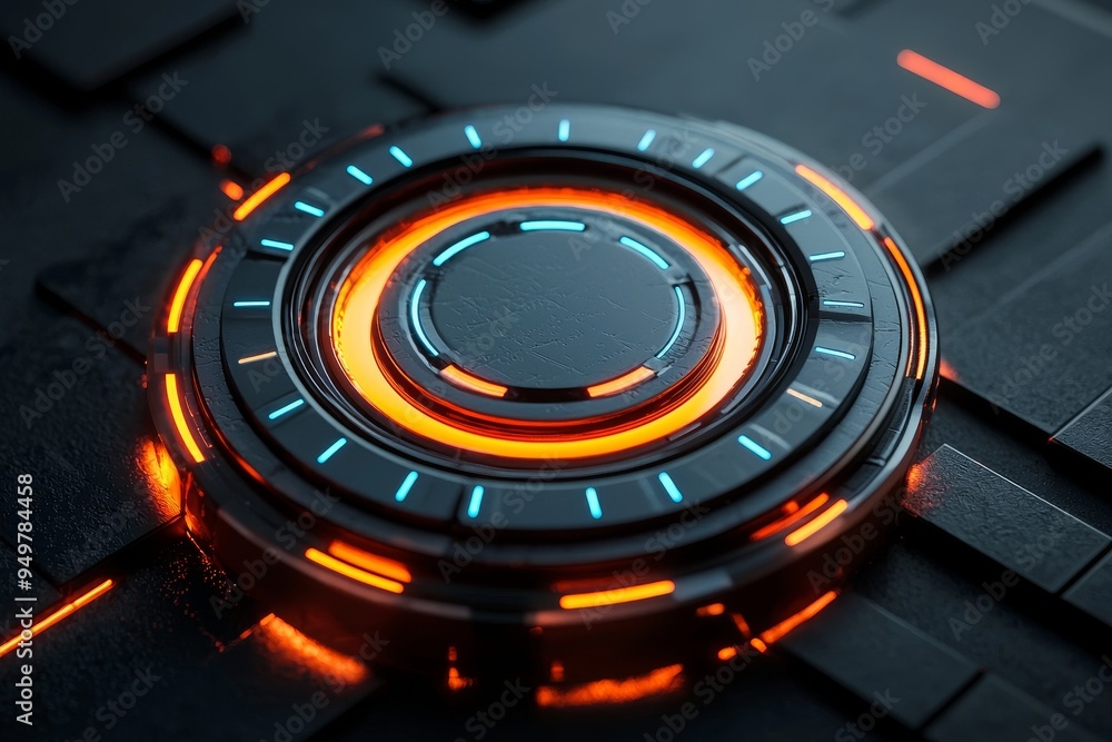 Poster overlay or hologram texture on dark technology background with an abstract blue and orange light eff