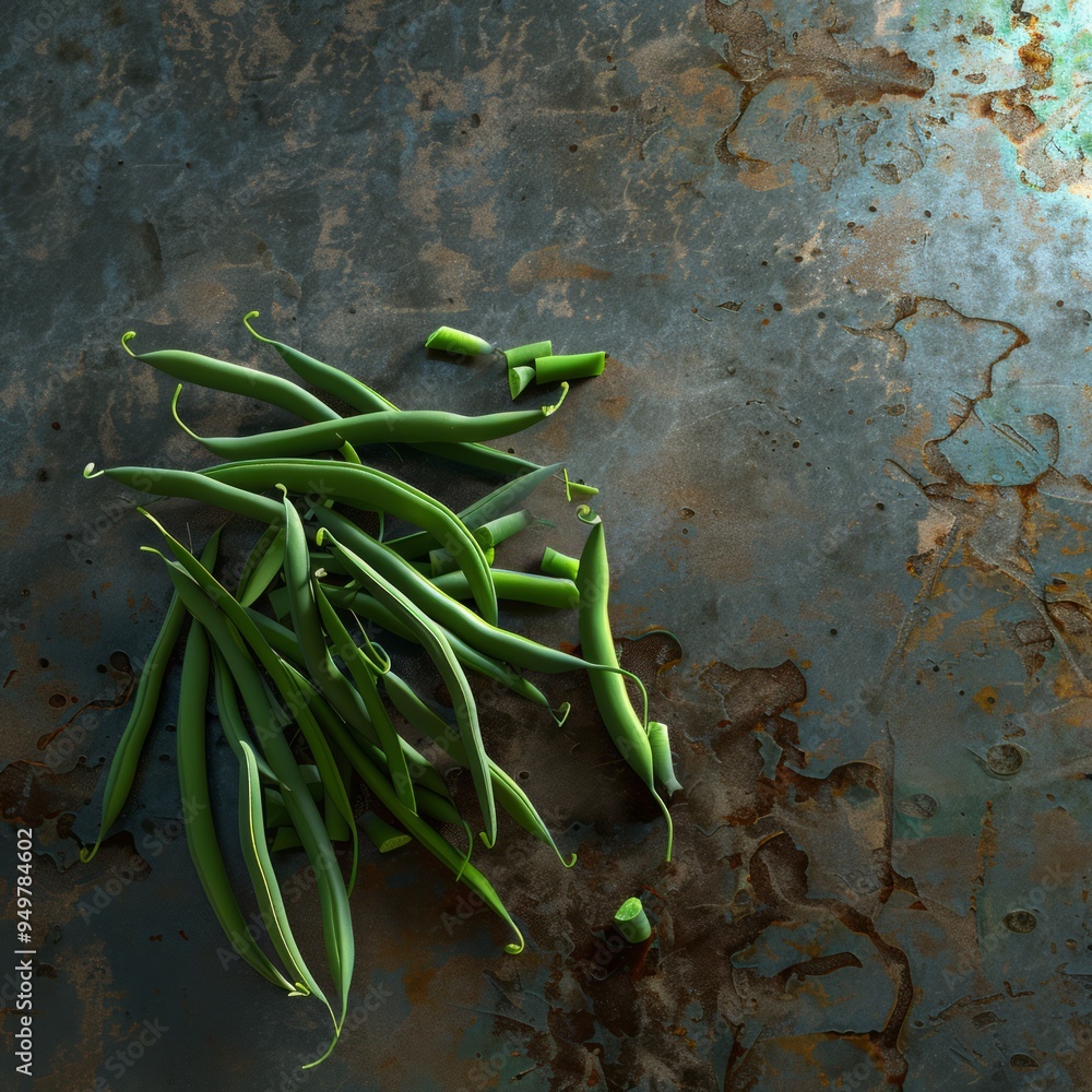 Wall mural Green beans scattered on a rustic background.