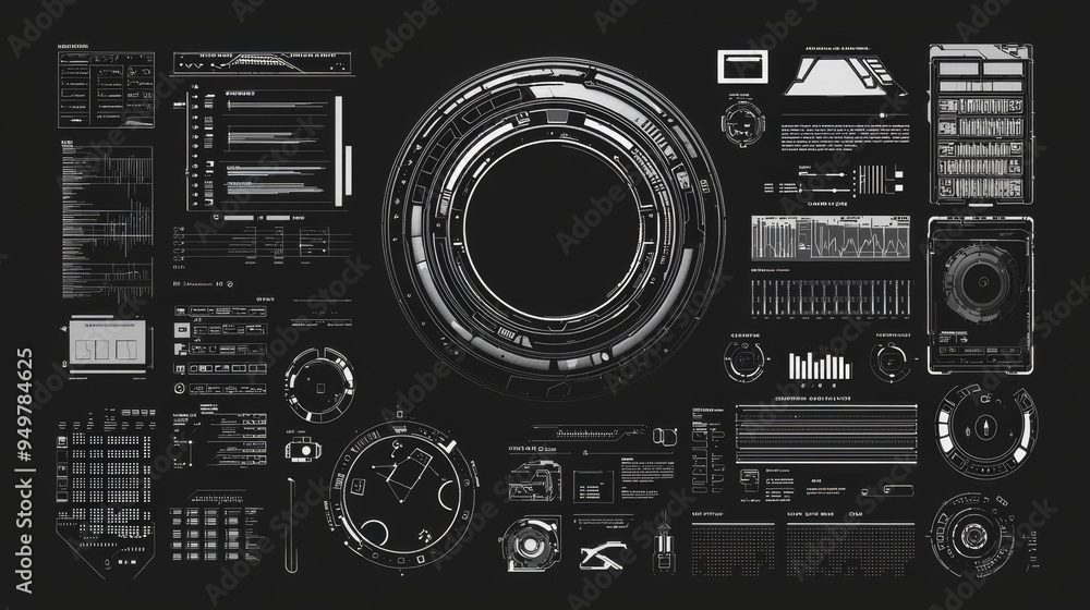 Poster This is a futuristic user interface head up display screen with infographic elements. It forms the background of an electronic device. The computer is a digital background. It represents digital