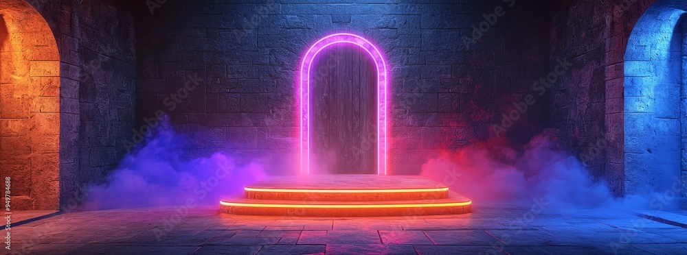 Poster Tech technology background hologram podium with 3D futuristic data, neon vr fi abstract cyberpunk effect.