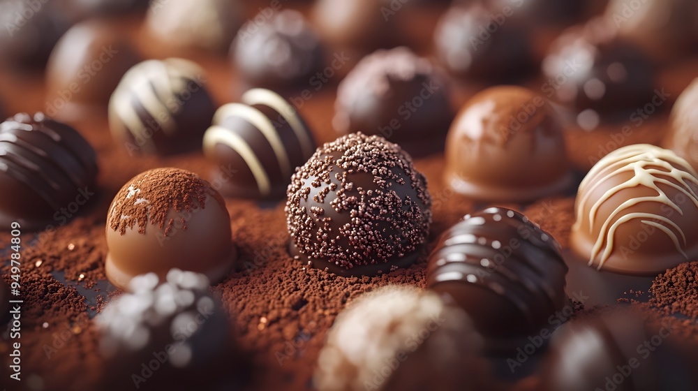 Poster macro shot of unique textured and flavored chocolate truffles