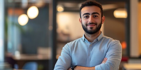 Obraz premium Smiling man in blue shirt with arms crossed.
