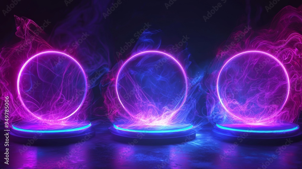 Leinwandbilder Stunning modern energy stage with sound waves, plexus lines, stardust and arch sparkle. 3D magic technology neon glow hud platform element.
