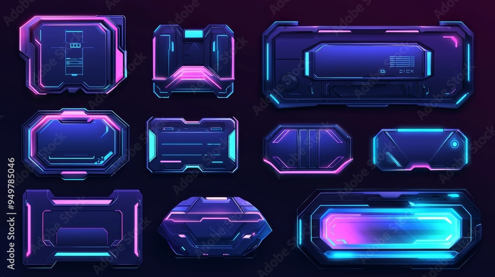 Poster this set of ui elements features a futuristic black metal border with glistening blue and pink color