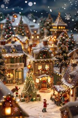 Fototapeta premium Enchanting Snowy Christmas Village Scene with Festive Lights and Bustling Town Square