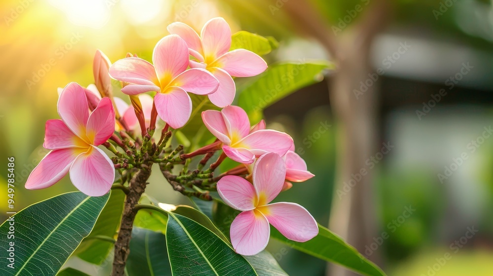 Poster with a selective focus on the plumeria flower bunch on a tree with leaves and copy space on the righ