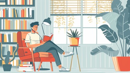 Student Creating a Cozy Reading Corner with Books, Lamp, and Plants in Dorm Room - Ideal for Relaxation