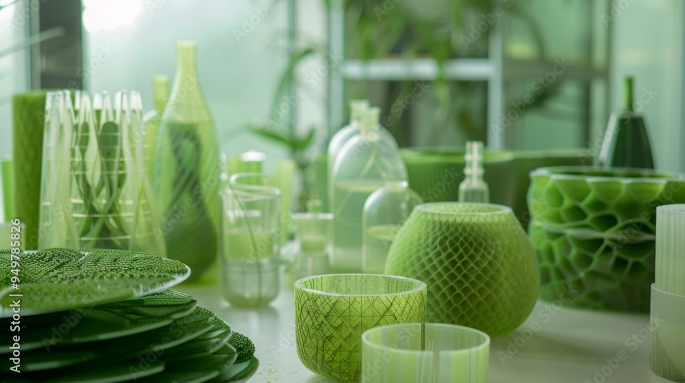 Wall mural Green glass vases and containers on a white table with green plants in the background.