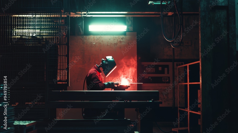 Poster Team of engineers using a computer to control a robotic arm to weld steel in a steel factory workshop Industry robot programming software for automated manufacturing technology : Stocking