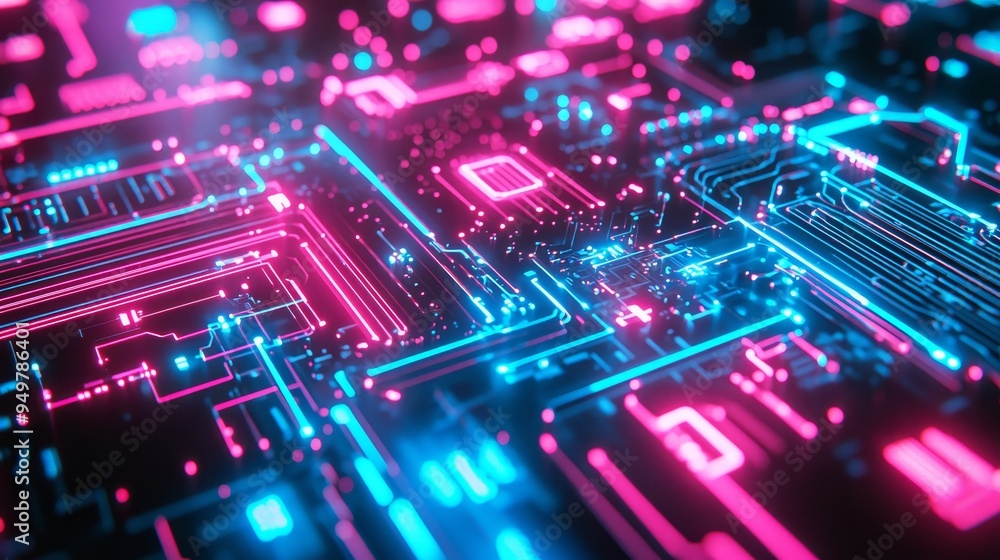 Aufkleber Printed circuit board with digital integrated network technology. Digitally integrated network technology and neon background. 3D illustration. Circuit board with server code processing. PCB, code,