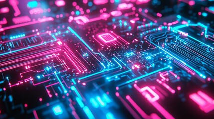 Obraz premium Printed circuit board with digital integrated network technology. Digitally integrated network technology and neon background. 3D illustration. Circuit board with server code processing. PCB, code,