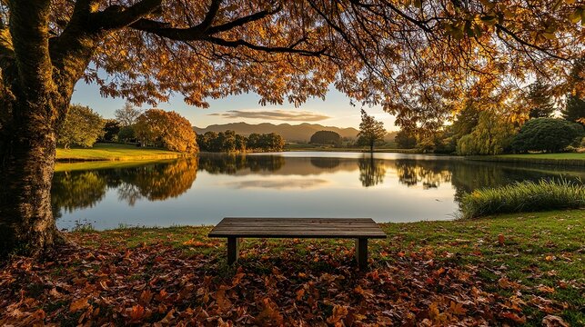 Serene autumn landscape in a park with a quiet lake and a bench