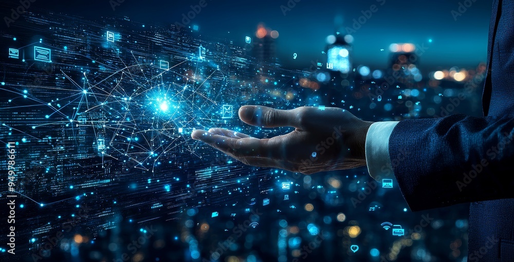 Poster A businessman using a thin line interface and tech devices