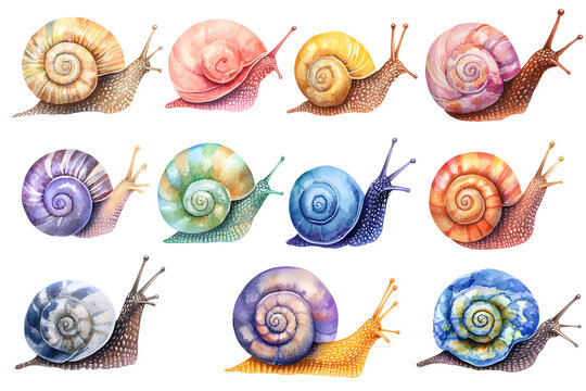 Multicolored snail watercolor collection isolated on white background