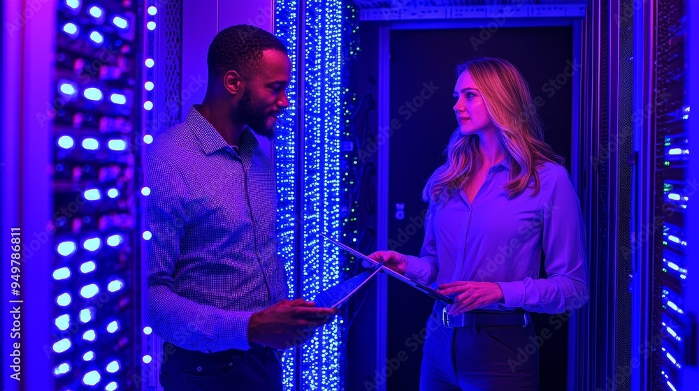 Poster In Data Center, Black IT Technician with Laptop Computer Shows Young Intern Around and Talks About Server Racks, Running Diagnostics or Performing Maintenance.