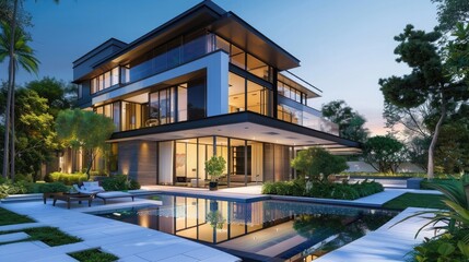 Obraz premium Modern luxury home with pool and garden at blue hour, generative ai
