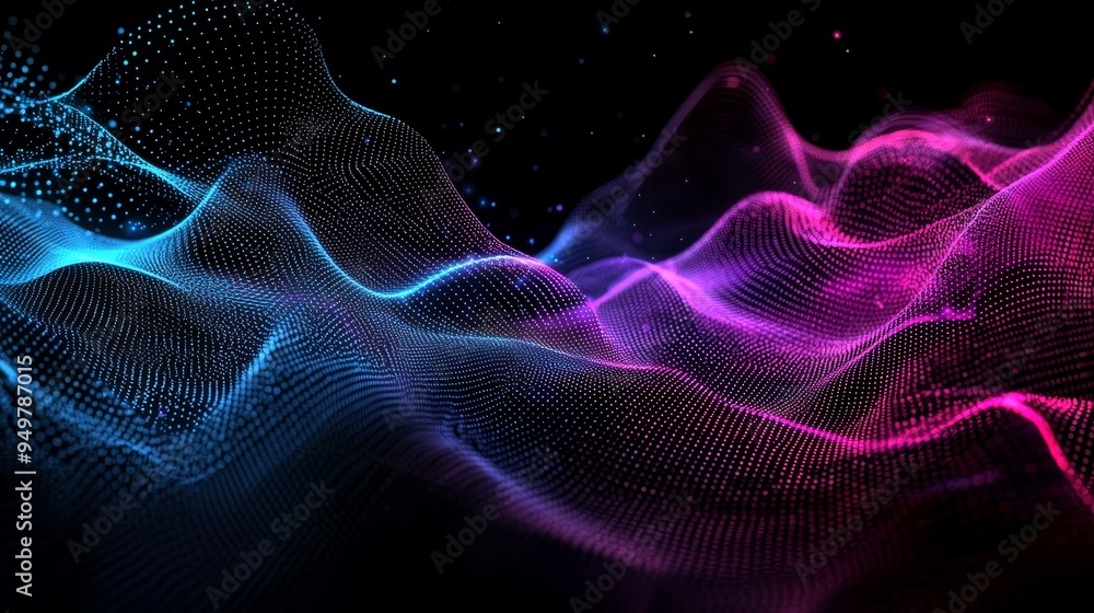 Poster Abstract music background. Molecular background with DNA. Network with connecting lines and dots. Big data visualization. Sound wave. 3D rendering.