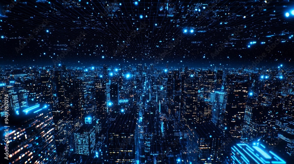 Leinwandbilder This concept depicts a digital cyberspace with particles and connections to digital data networks