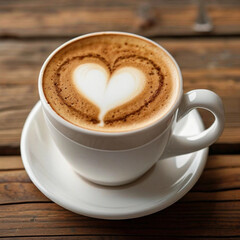 A cappuccino with a heart-shaped foam on a wooden table, symbolizing love in daily life.