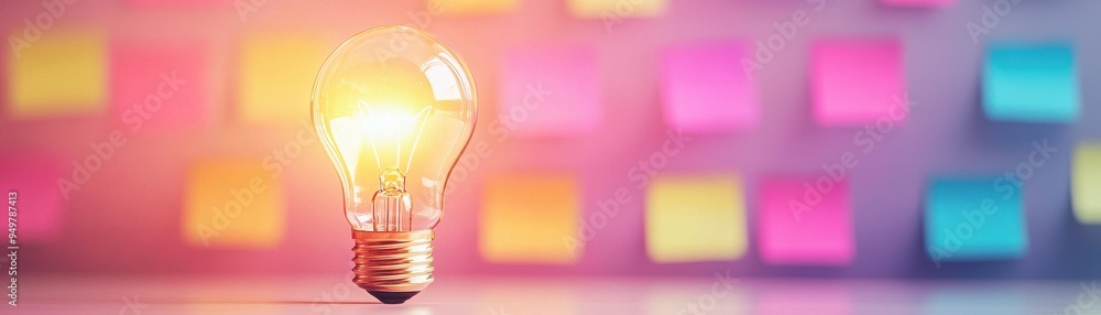 Poster a glowing light bulb in front of colorful sticky notes, symbolizing creativity and brainstorming in 