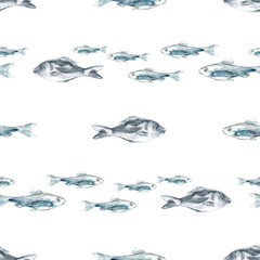Seamless pattern of swimming fish in the lane in watercolor. A flock of small fish with big fish swim in different directions, is depicted as seamless borders. The shiny fish scales and fins are