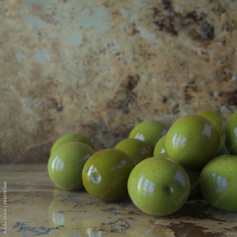 Canvas Prints Green spheres with speckled surface, clustered on a rustic backdrop.