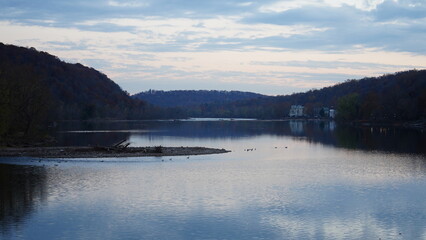 The beautiful sunset view with the colorful sky and river as background in a little USA town 