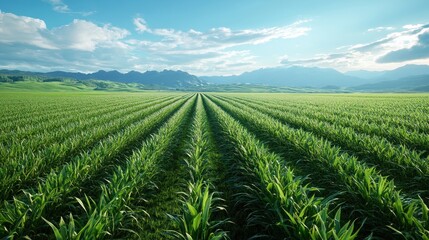 Lush Green Cornfield Under a Bright Blue Sky with Rolling Hills and Mountains in the Background