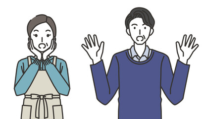 びっくりする中年女性と中年男性のイラスト