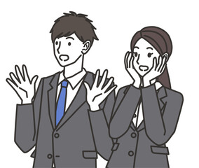 びっくりするスーツを着た男性と女性のイラスト