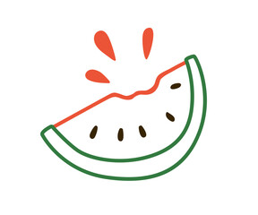 Watermelon slice in simple doodle style. Juicy fruit, cut wedge piece, summer exotic food, kids sketch drawing. Outlined contoured childish flat vector illustration isolated on white background