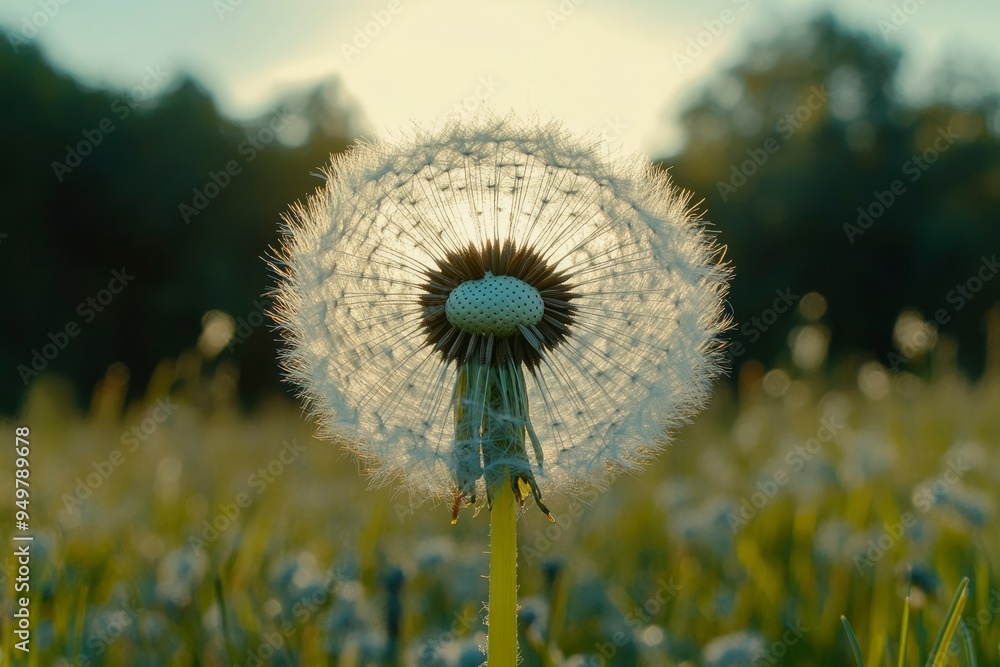 Poster A Single Dandelion in a Field of Dandelions at Sunset