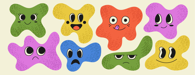 Set of abstract playful spot with character face on isolated background. Different type of face expression. Hand drawn trendy