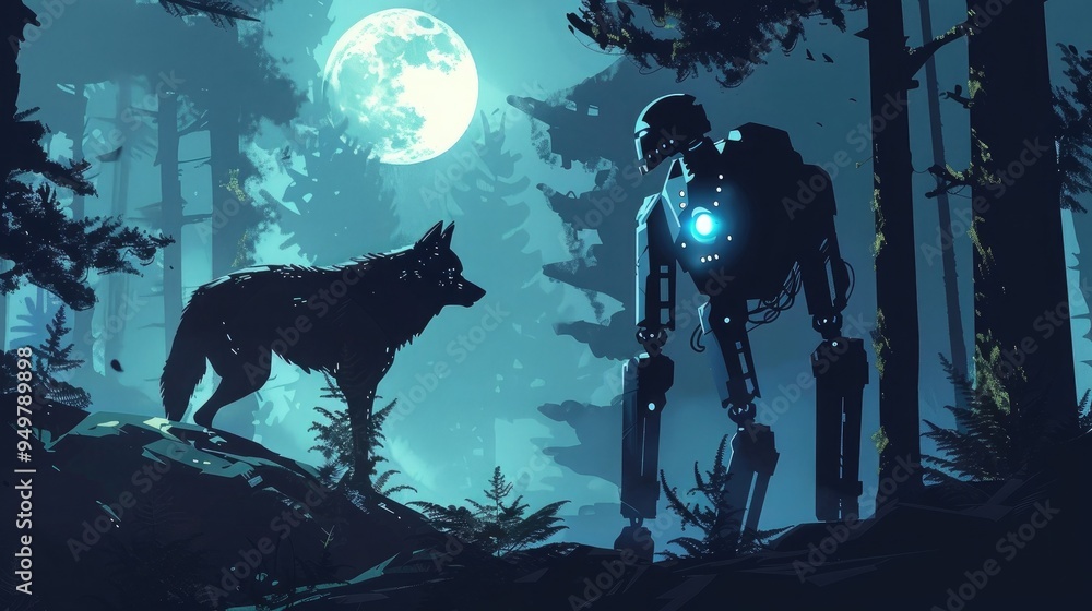 Poster moonlit forest scene a robot and a wolf stand off the robots tracking lights illuminate the shadows