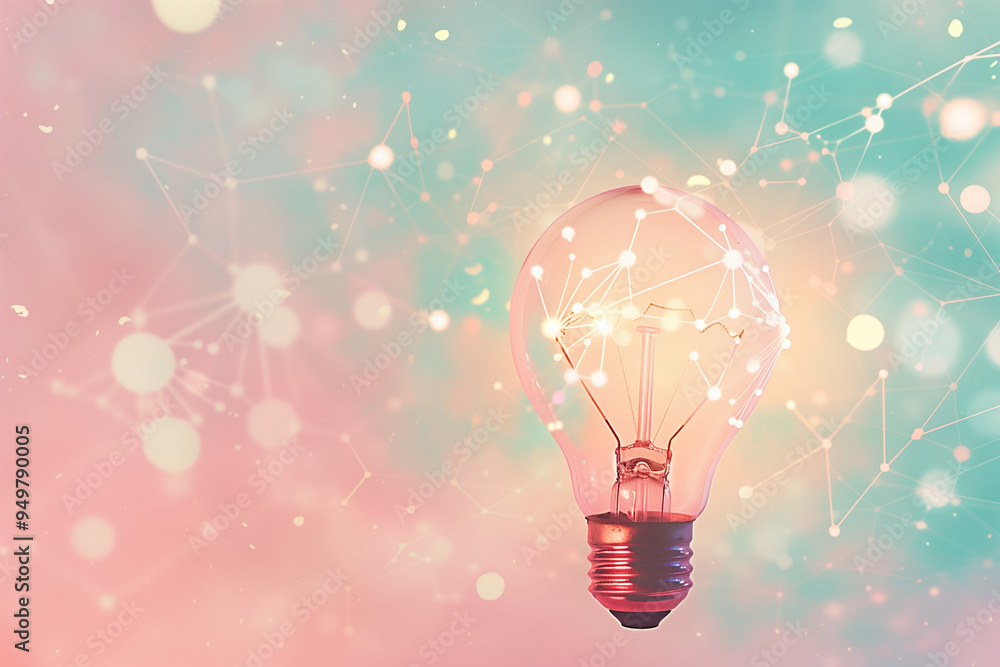 Poster abstract light bulb with dot and line network on a pastel color tone background