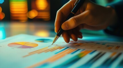 Obraz premium A hand holding a pen pointing at a bar graph on a paper with pie charts, analyzing statistical data in a colorful, illuminated office setting.