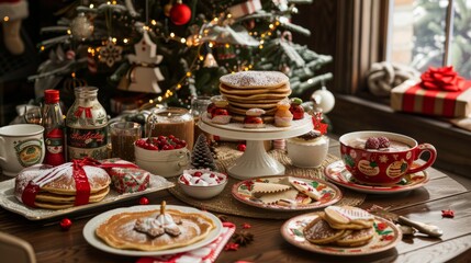 Traditional Christmas Breakfast with Pancakes and Hot Cocoa in Festive Table Setting