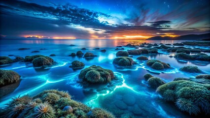 Mysterious twilight ocean floor landscape illuminated by soft glow of bioluminescent creatures, dark blue hues, silken seaweed, eerie calmness, wide-angle 