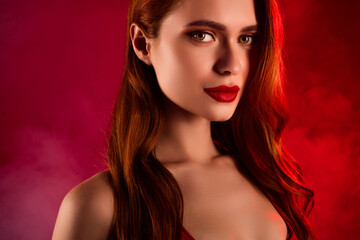 Fototapeta premium Photo of attractive gorgeous woman tempting model shoulders off isolated on red color background