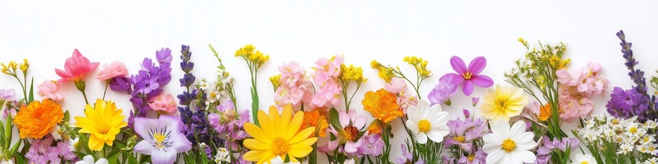 A colorful bouquet of flowers with a white background. The flowers are arranged in a way that they look like they are growing out of the white background. Scene is cheerful and vibrant