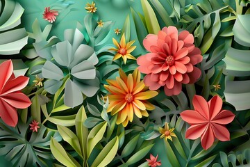 Obraz premium Paper Blooms in Emerald Paradise: A vibrant collage of handcrafted paper flowers and tropical leaves burst forth from an emerald backdrop
