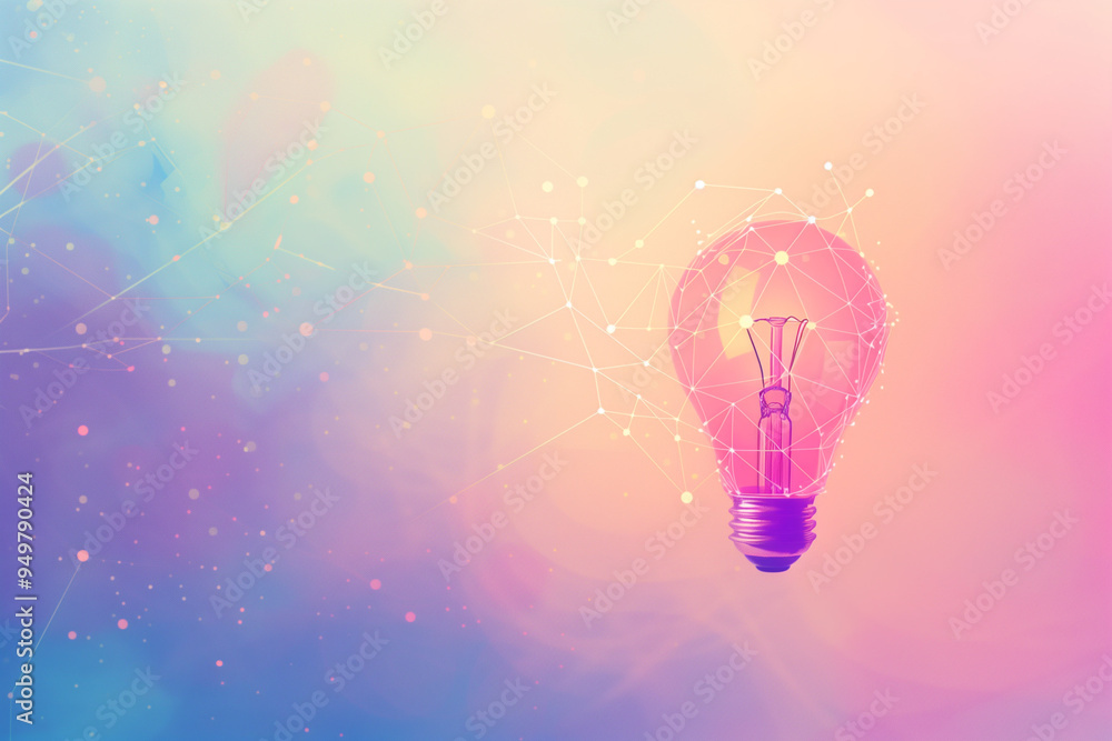 Poster abstract light bulb with dot and line network on a pastel color tone background