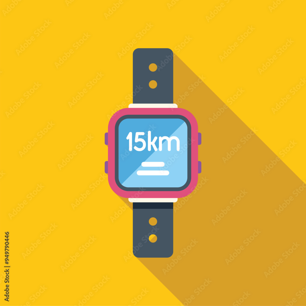 Poster smart watch displaying fifteen kilometers distance with long shadow on yellow background