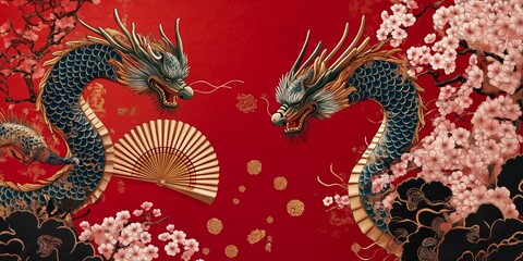 Fototapeta premium Two dragons are on a red background with a fan in the middle